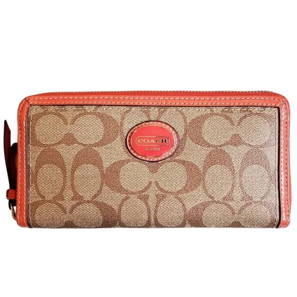 Coach Bags Coach Peyton Zip Around Canvas Coated Monogram Wallet With Orange Patent Leather Poshmark